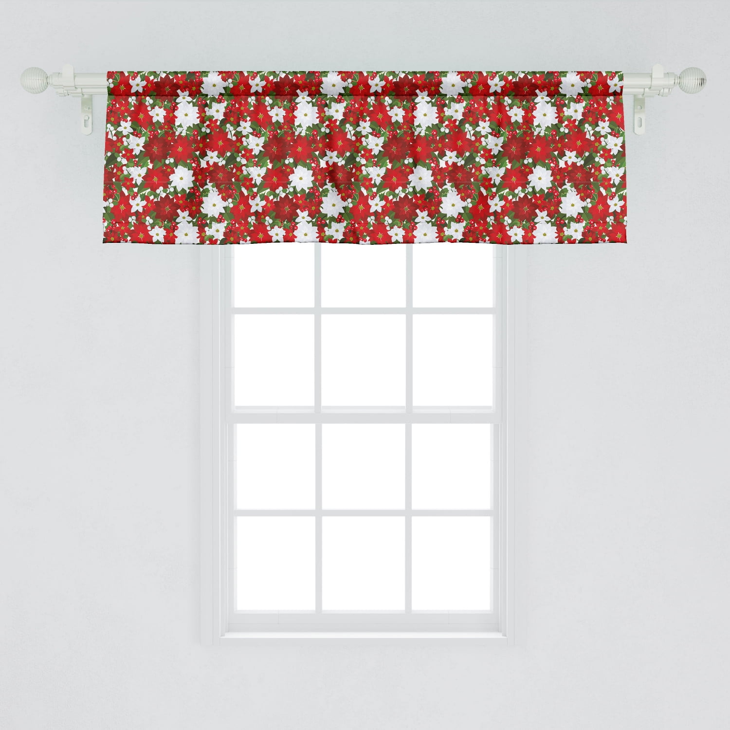 Christmas Window Valance, Poinsettia Flower Holly and Mistletoe in