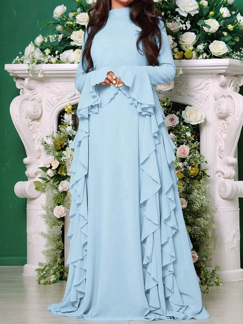 Women'S Bodycon Dresses Elegant Bell Sleeve Ruffle Hem Cocktail Party Long Dress Blue L