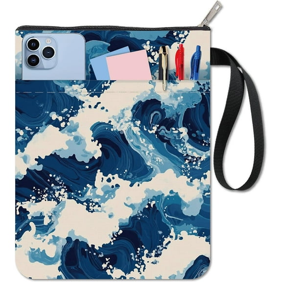 Sea Wave Book Sleeve Protector with Zipper Waterproof Canvas Pouch Double-Sided Covers for Blue Book Lovers Hardcover Notebook Bible Journal Textbooks Paperbacks Student Gift 11 x 8.66 Inch for DIY
