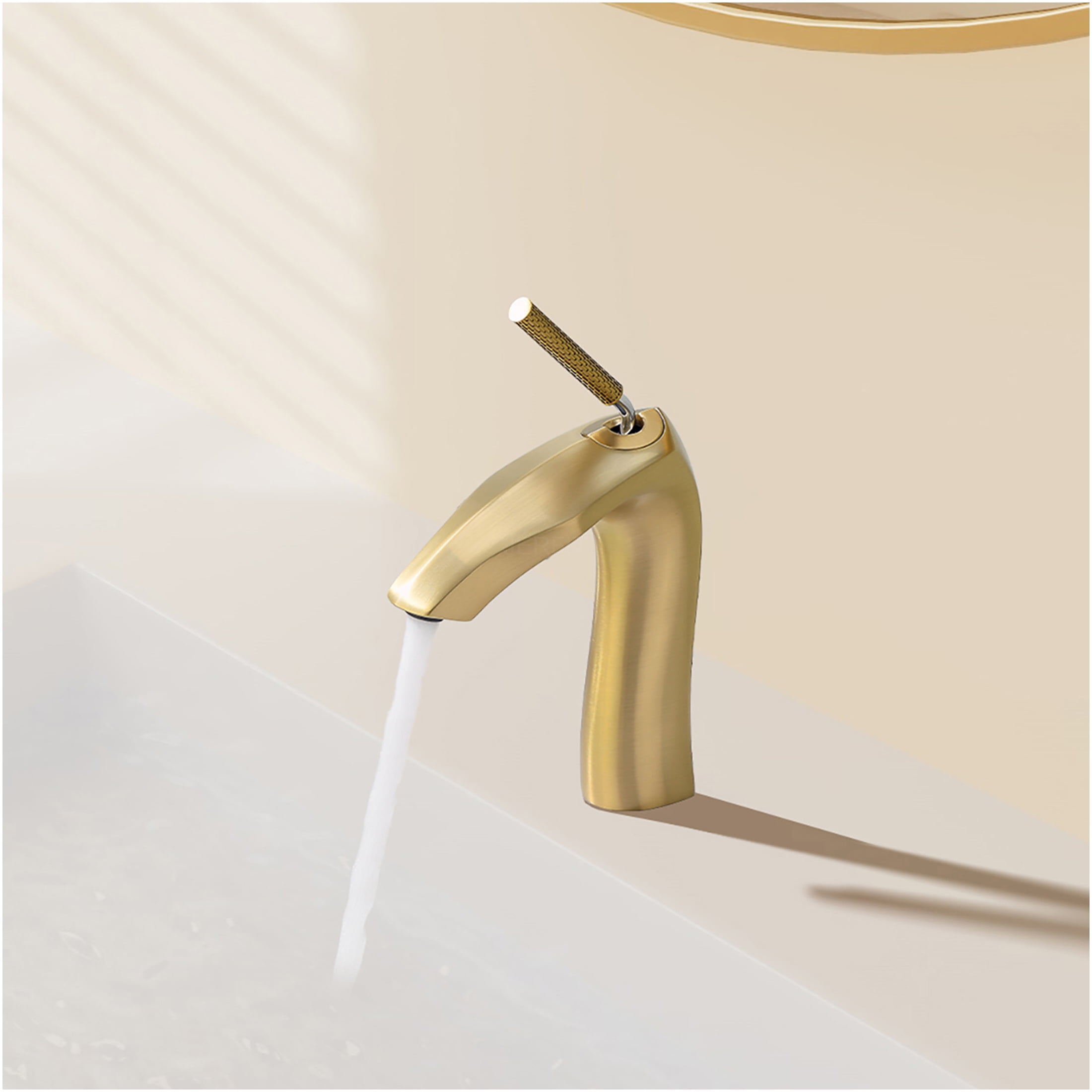 JERFIT Single Handle Bathroom Sink Faucet in Brushed Gold, 1.75 GPM Water-Saving, Deck Mount Single Hole Brass Vessel Lavatory Faucet with Aerated Flow