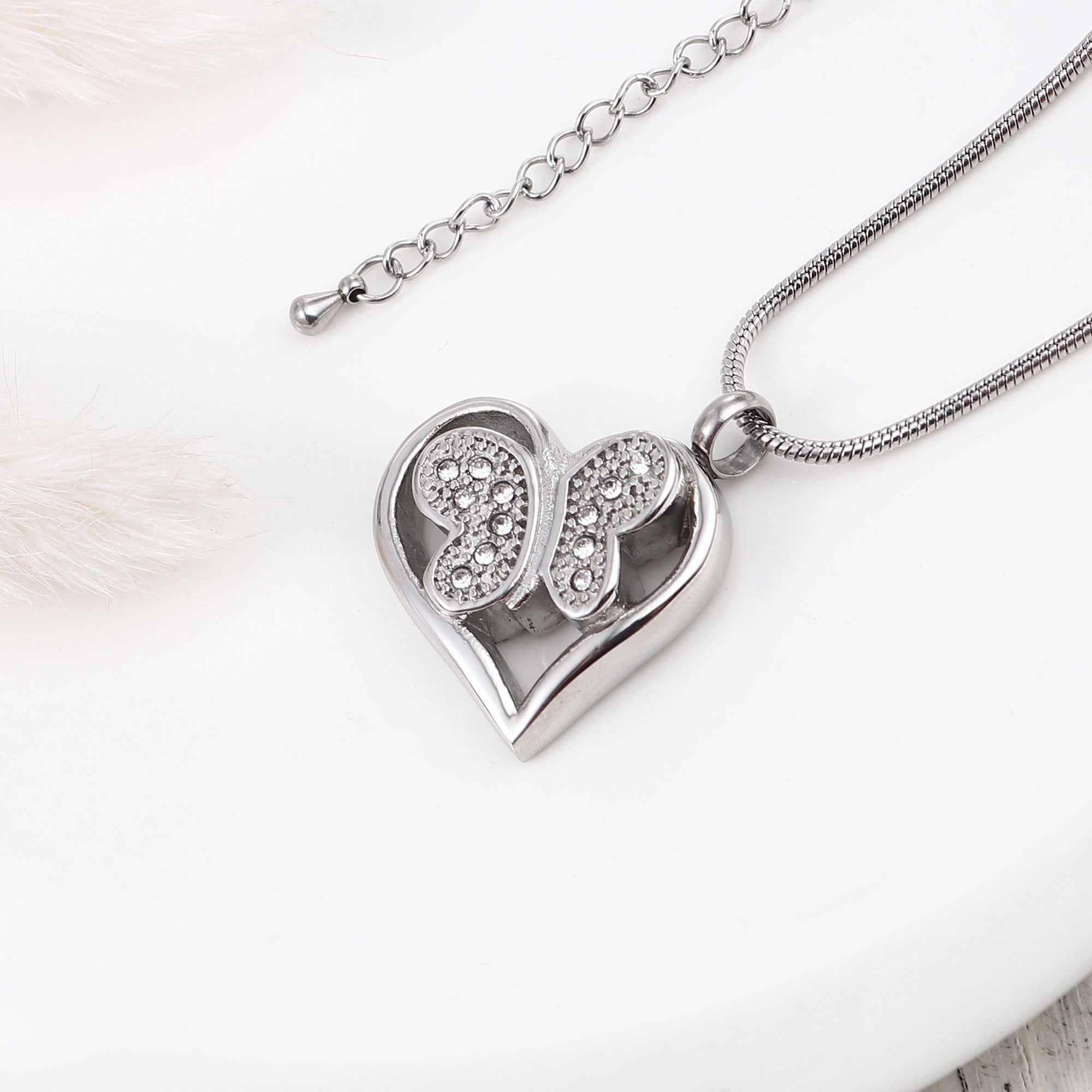 Women's Funeral Stainless Steel Crystal Rhinestone Butterfly Heart Cremation Ashes Holder Keepsake Memorial Pendant Necklace with Funnel Kit and Velvet Jewelry Kit