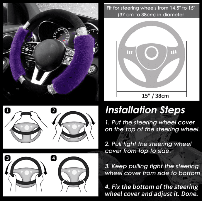 Rhinestone Fluffy Steering Wheel Cover Comfortable Non-Slip Luxury Faux Wool, Universal Fit for 14.5-15 Inches Steering Wheels