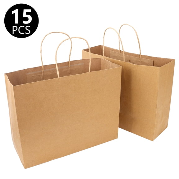 Hengbo 15 Pcs Large Gift Bag with Handles Kraft Paper Bags Wide 12.5 x 4.3 x 9.8 inch Party Paper Bags Gift Shopping Bags for Shopping Retail Grocery Merchandise Party Gifts Brown