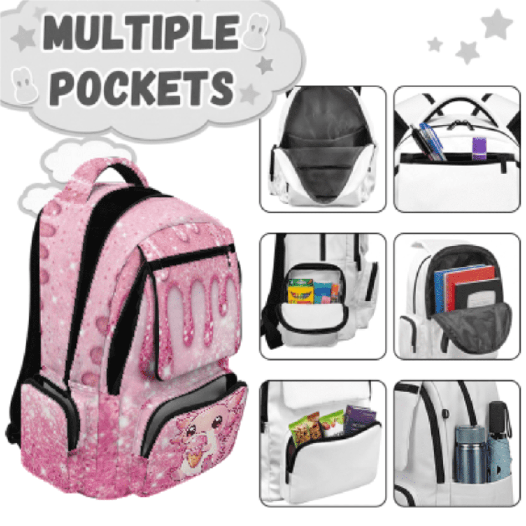 XYZCANDO Pink Glitter Sparkle Pattern 4 Pack Kids Backpack for Students, Lunch Box Tote Pencil Case with Portable Water Bottle Protector Suitable for Back to School