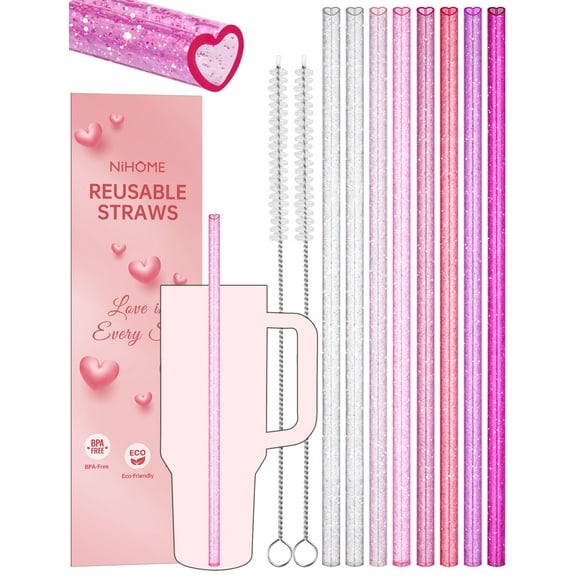 NiHome 8-Pack 12" Reusable Heart Shaped Glitter Straws Fit for Stanley Tumbler 40/30/64oz, Glitter Gradient Pink Plastic Drinking Straws for Stanley Cups, Gift Straw for Christmas, Valentine’s Day