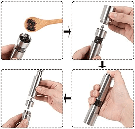 Manual Salt and Pepper Grinder Set Thumb Push Pepper Mill Stainless Steel Spice Sauce Grinders with Metal Holder