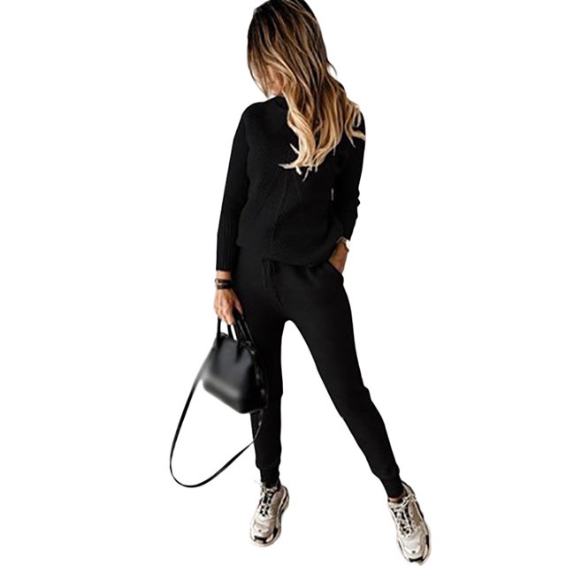 Conjunto de suéter y pantalones casuales de moda de color sólido con cuello alto para mujer
