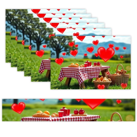 7 Piece Linen Table Runner and Placemats Set, Picnic Heart Love Round Corner Heat Resistant Washable Table Mats for Home Kitchen Dining Party Decoration