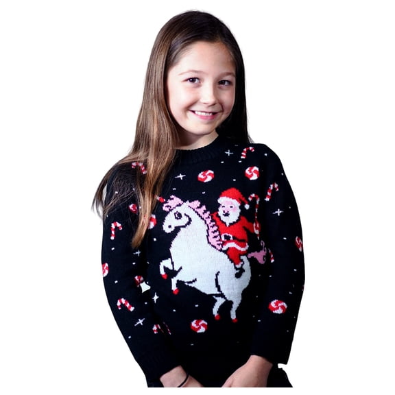 Tstars Girls Ugly Christmas Sweater Santa Riding Unicorn Kids Christmas Gift Funny Humor Holiday Shirts Xmas Party Christmas Gifts for Girl Toddler Sweater Ugly Xmas Sweater