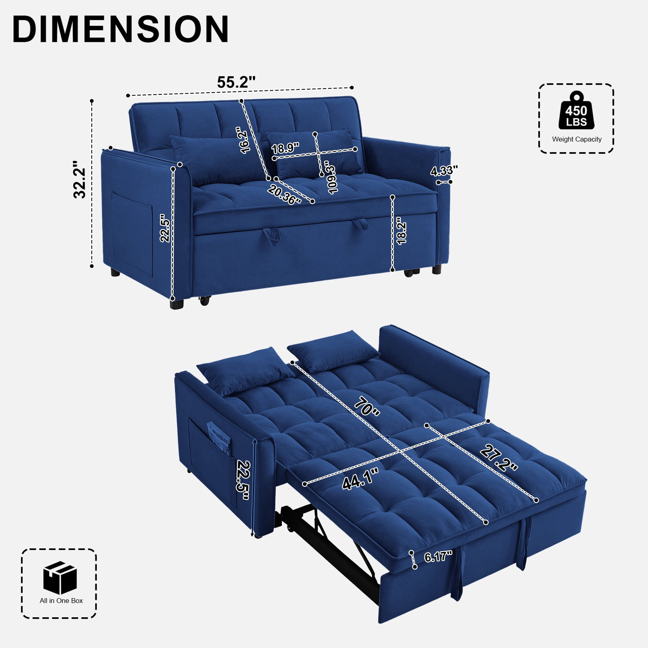 AISWORD Convertible Sofa Bed, 3 in 1 Pull Out Sleeper Loveseat Couch with Storage, Blue