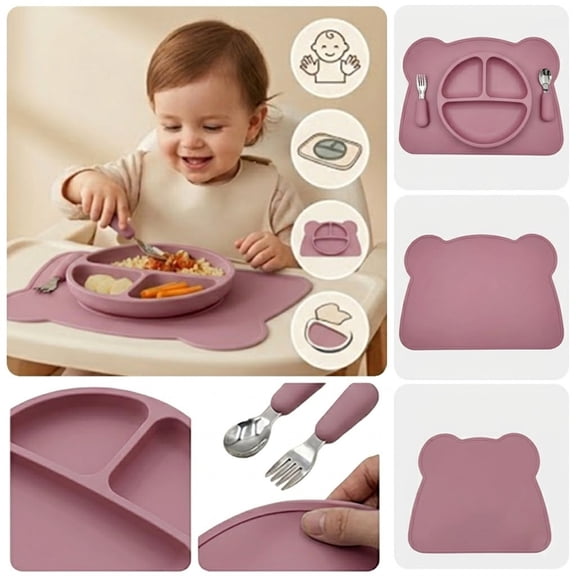 Leeye 4 Piece Silicone Kids Plate Set, Non- Toddler Dinner Plates for Baby Feeding, Divided Baby Plate for Self-Feeding, Deep Red