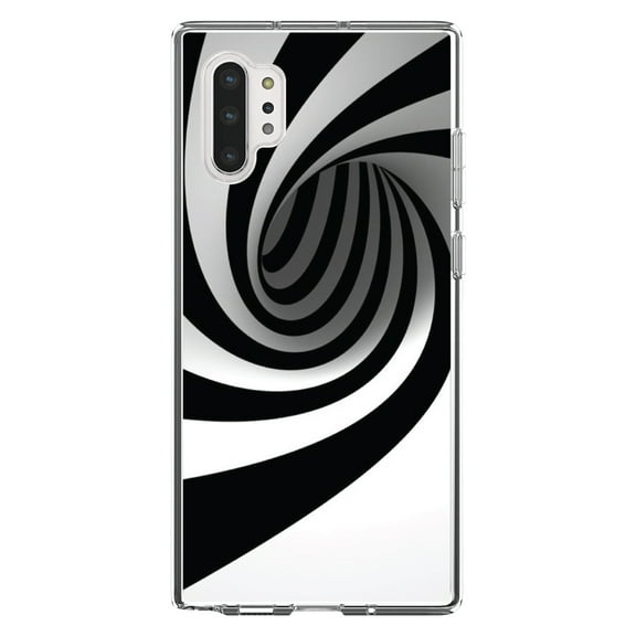 DistinctInk Clear Shockproof Hybrid Case for Galaxy Note 10 PLUS (6.8" Screen) - TPU Bumper, Acrylic Back, Tempered Glass Screen Protector - Black White Swirl Vortex Geometric
