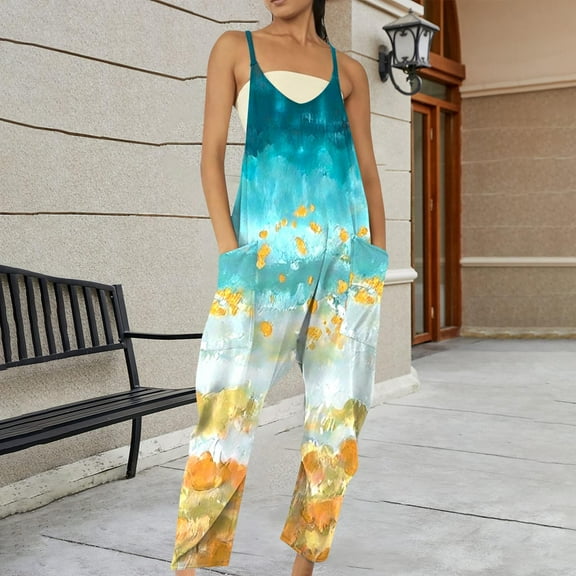 Pyhlmscde Women's V Neck Sleeveless Jumpsuits Spaghetti Straps Harem Long Pants Overalls with Pockets, Floral Jumpsuits for Women, Womens Jumpsuit, Overalls for Women