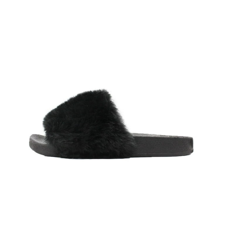 Womens fluffy sliders best sale black