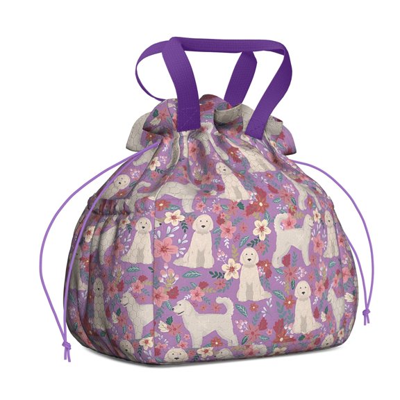 Goldendoodle Dog and Flower Floral Drawstring Lunch Bag Women - Drawstring Lunch Bag Insulated for Work Office - Stain-Resistant Large Lunchbags for Women with Multi-Pockets
