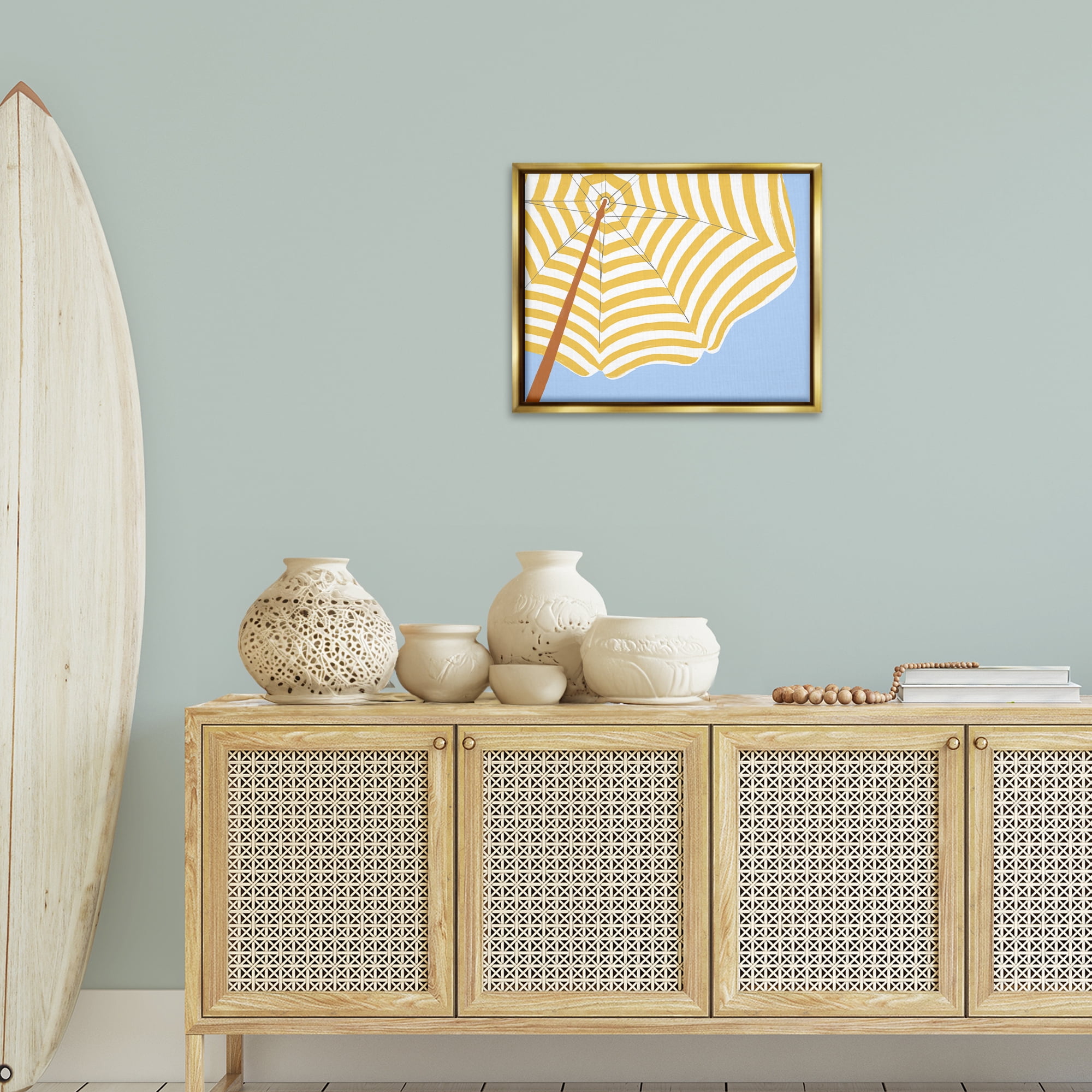 Stupell Industries Yellow & White Umbrella Coastal Painting Gold Floater Framed Canvas Art Print Wall Art, 21 x 17