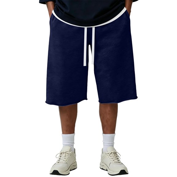 Resicozy Baggy Sweat Shorts Men 2026 Cotton Y2k Shorts Casual Under Knee Shorts Hem Gym Shorts with Pockets Dark Blue L