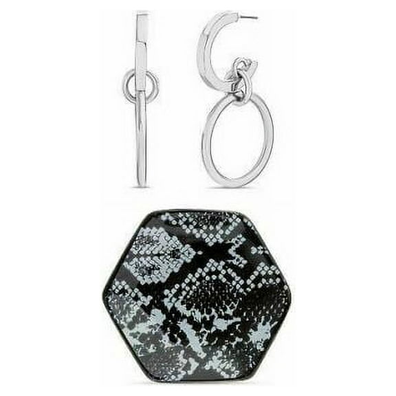 Steve Madden Medium Silver Hoop 1-3/4" Earring and Trinket Tray Gift Set - NEW
