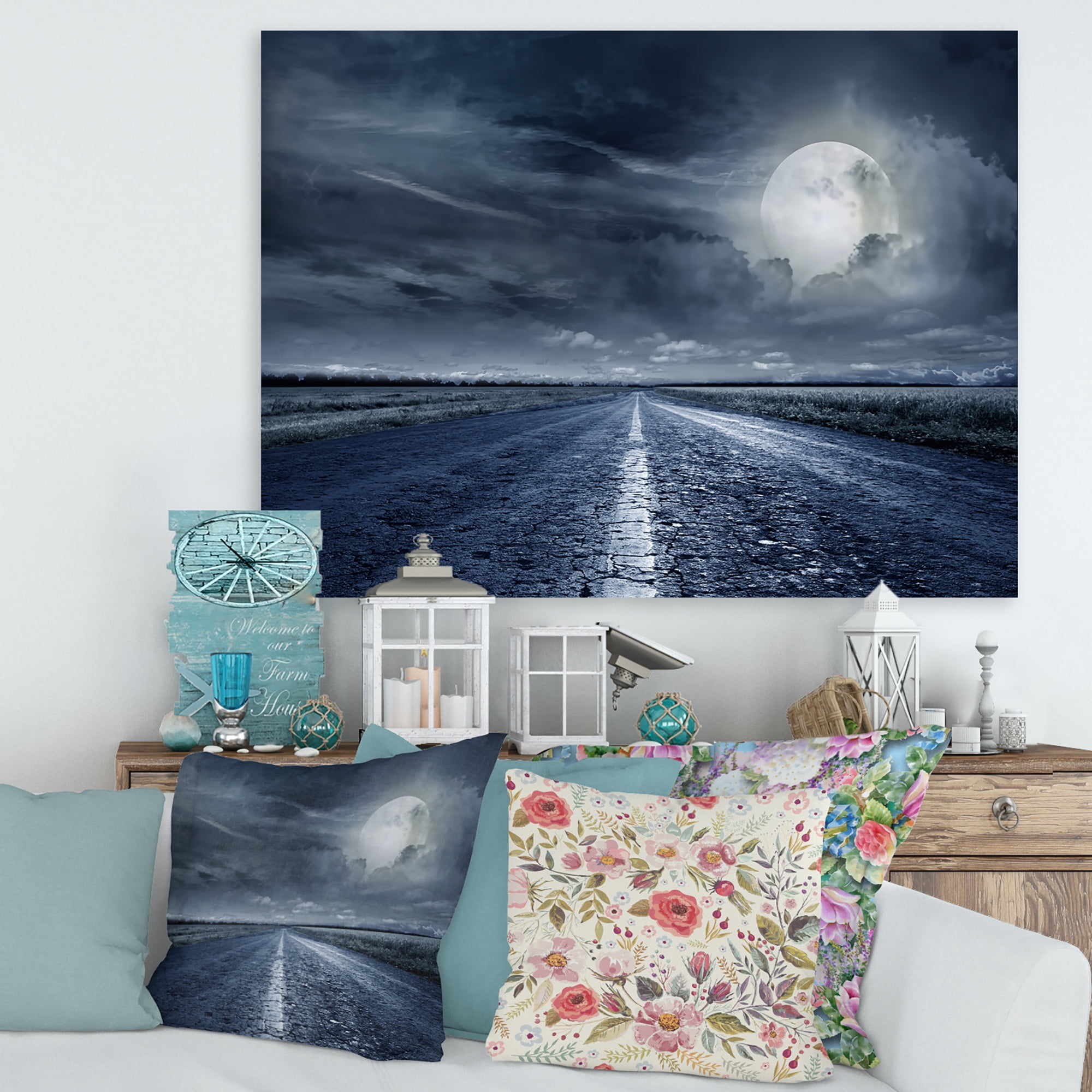 Designart ' Cloudy Full Moon Over Asphalt Road II ' Nautical & Coastal Canvas Wall Art Print