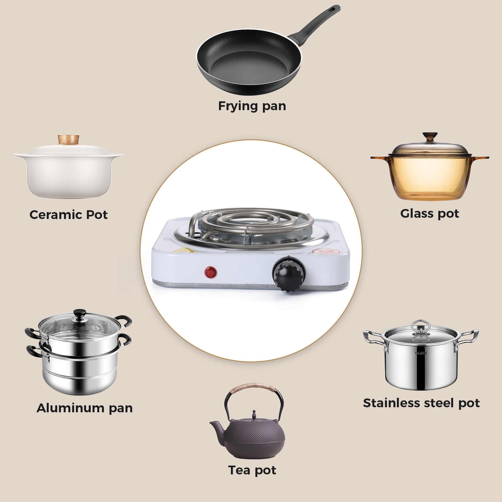 Portable 1000W Electric Single Burner 110V Hot Plate Heating Cooktop Camping Dorm Stove Cooker with Plug, White