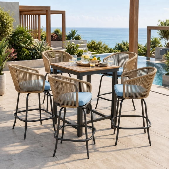 Outdoor Bar Stools Set of 4, ENYOPRO Counter Height Chairs with Blue Cushions, Patio Bar Stools with Armrests, Backrests and Footrests,for Poolside, Balcony and Backyard