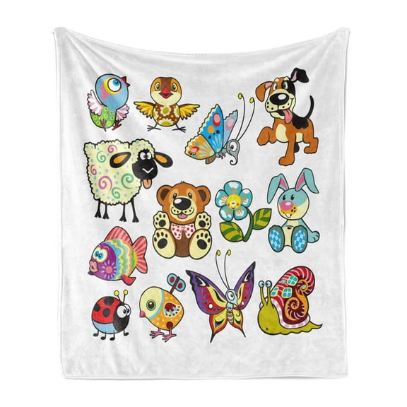 Cartoon Soft Flannel Fleece Throw Blanket, Pattern of Animals Funny Toy Play Time Childhood Theme, Cozy Plush for Indoor and Outdoor Use, 50" x 70", Multicolor, by Ambesonne