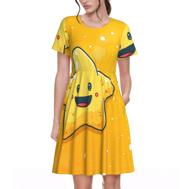 Easygdp Happy Cartoon Star para Vestido Transpirable de Mujer, Vestido Suelto de Manga Corta con Pliegues y Bolsillos para el Verano