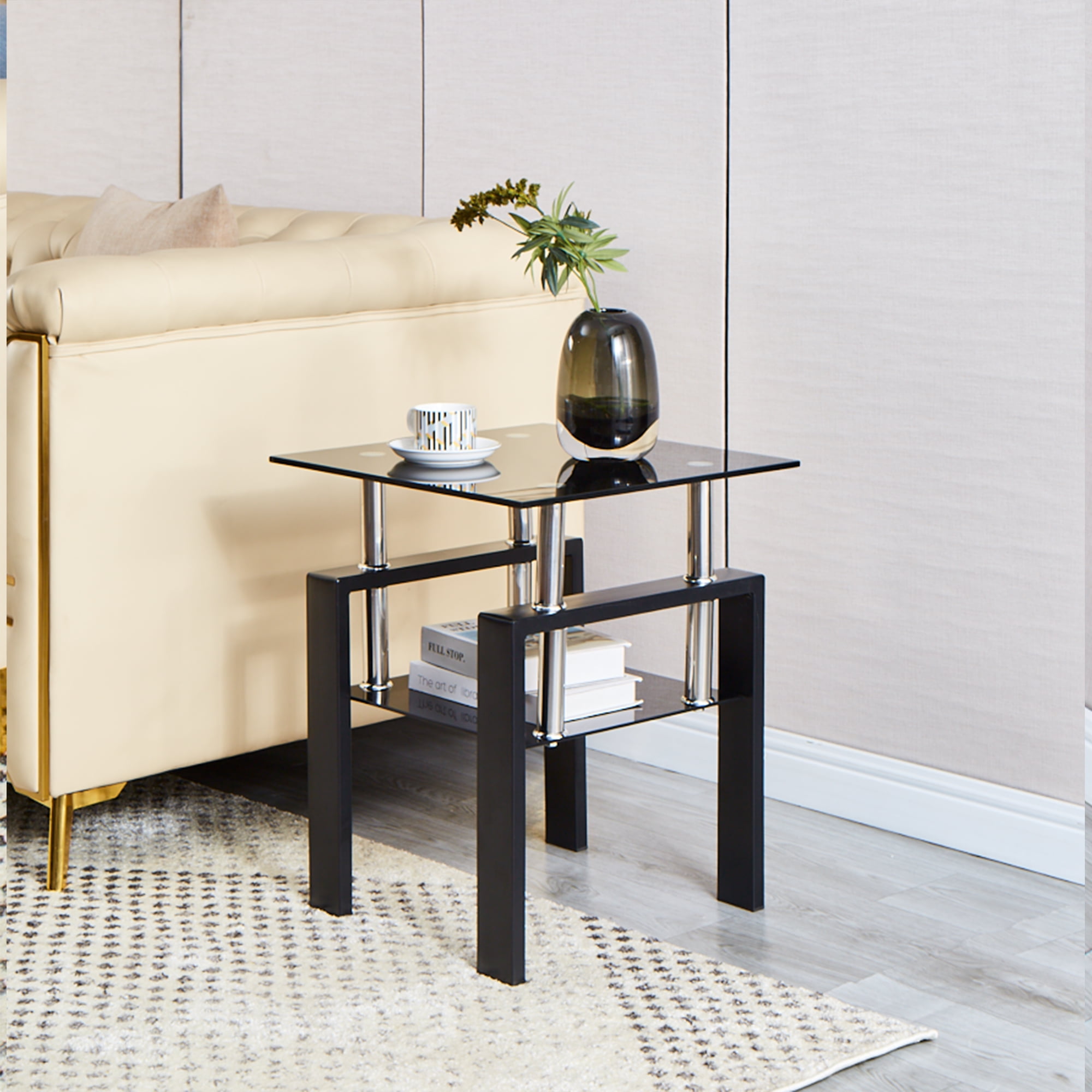 SMARTIK Set of 2 Square Glass End Table, Black  Modern Indoor Décor with Two Tiers and Tempered Glass