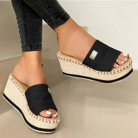

MRULIC slippers for women Wedges Women Flops Summer Flip Fashion Causal Shoes womens slippers house slippers for women Black + US:7.5