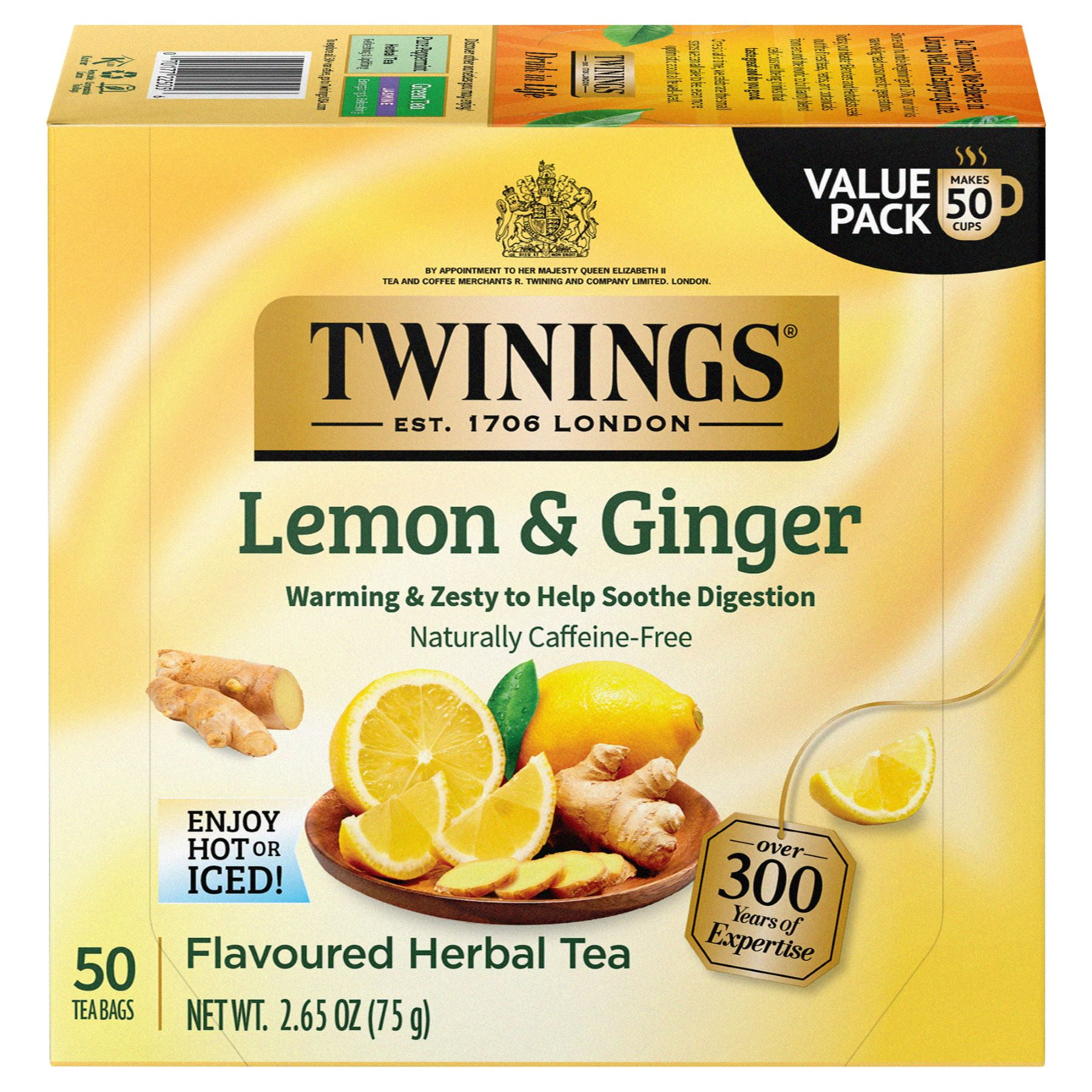 Twinings Lemon & Ginger Herbal Tea Bags, Caffeine Free, 50 ct