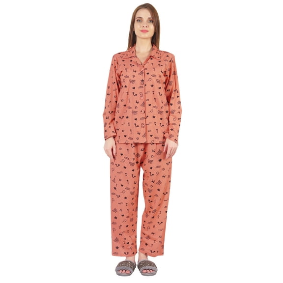 Inkmeso Women's Loungewear Button Down Pajamas Set Full Sleeve Nightwear Pants 2 Pc Cotton Sleepwear