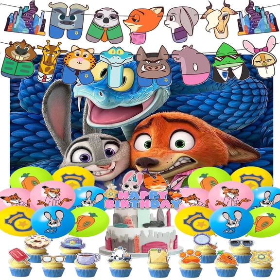 Zootopia Party Supplies, Birthday Party Decorations Set Include Banner, Backdrop, Balloons, Cake Cupcake Toppers, for Boys Girls Zootopia Theme Party