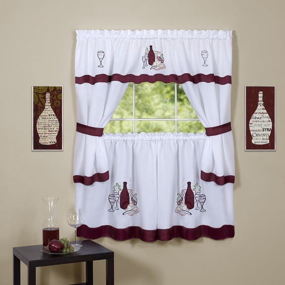 PowerSellerUSA 5-Piece Embellished Kitchen Curtain Cottage Set, Tier Panels, Swag Valance & Tiebacks, Country House Kitchen Set Cafe Curtain for Kitchen & Living Room, 56" wide by 36" long, Burgundy