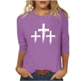 thumbnail image 2 of UVEASISHA faith t shirts for women 3/4 sleeves graphic tees three cross printed Christian tops comfort casual tees Purple S, 2 of 6