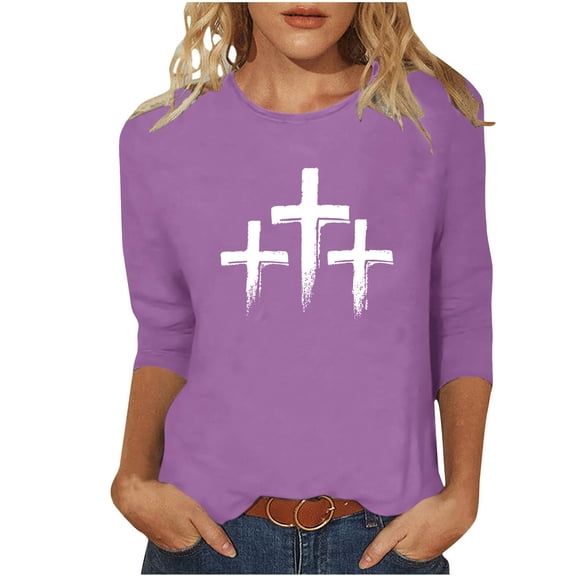successthop Easter Clothes Women Cross Print Casual 3/4 Sleeve Holiday T Shirt Crewneck Tops Summer Vacation Clothes XL