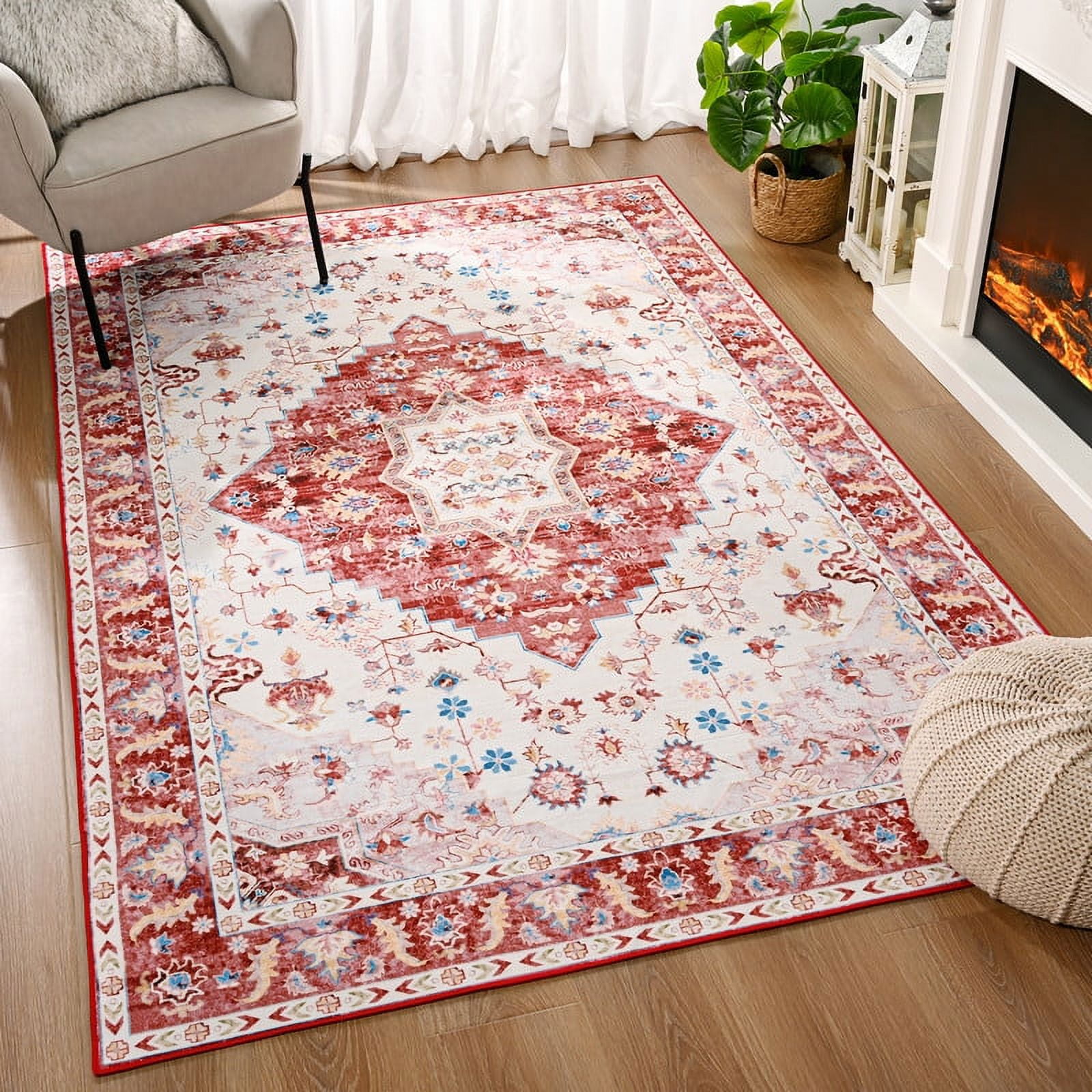 TWINNIS Area Rug for Living Room Persian Rug Vintage Boho Carpet for Bedroom,Red,4'x6'