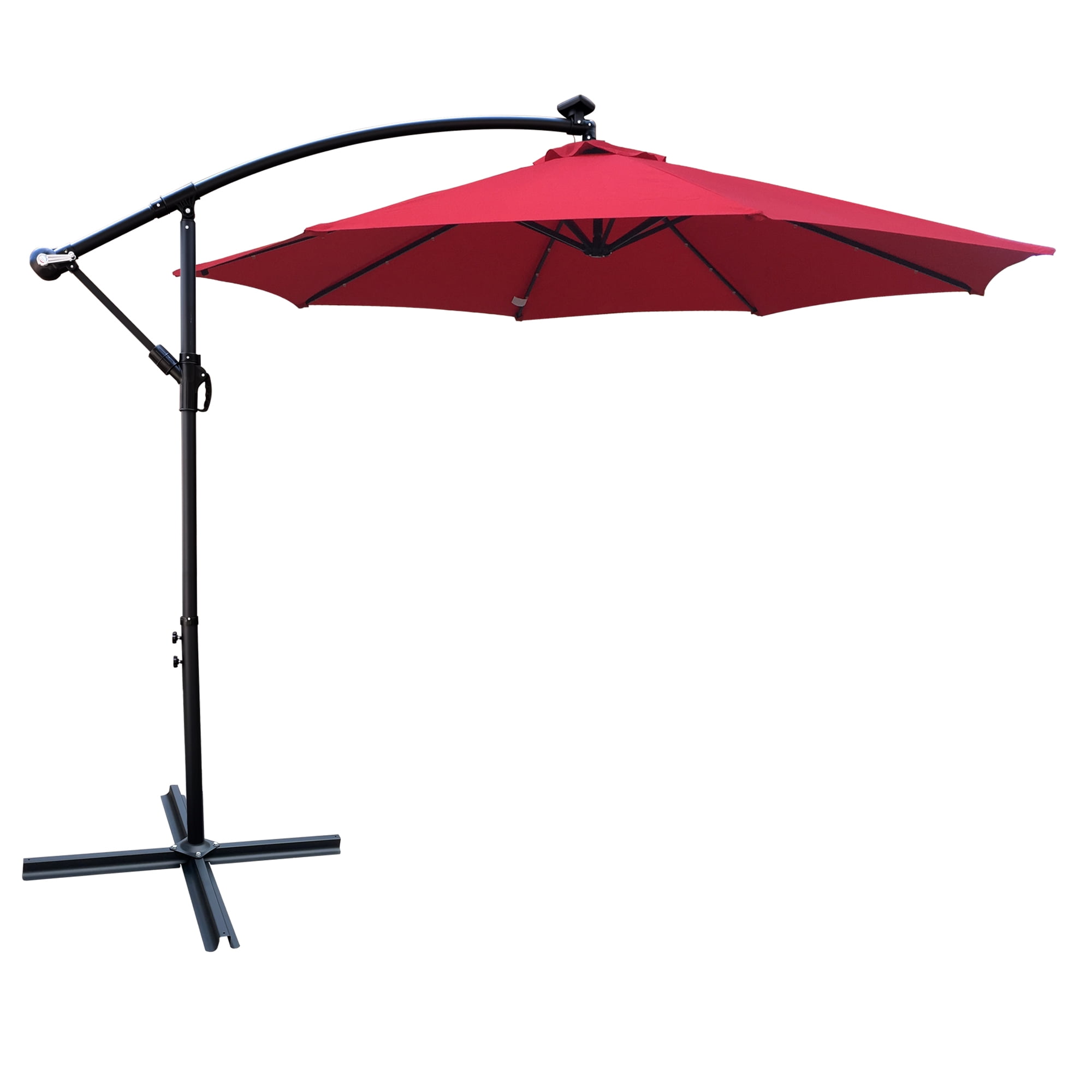 10 FT Round Outdoor Patio Umbrella, Solar LED Lighted Waterproof Sun Shade Umbrella with Stable Base, Red