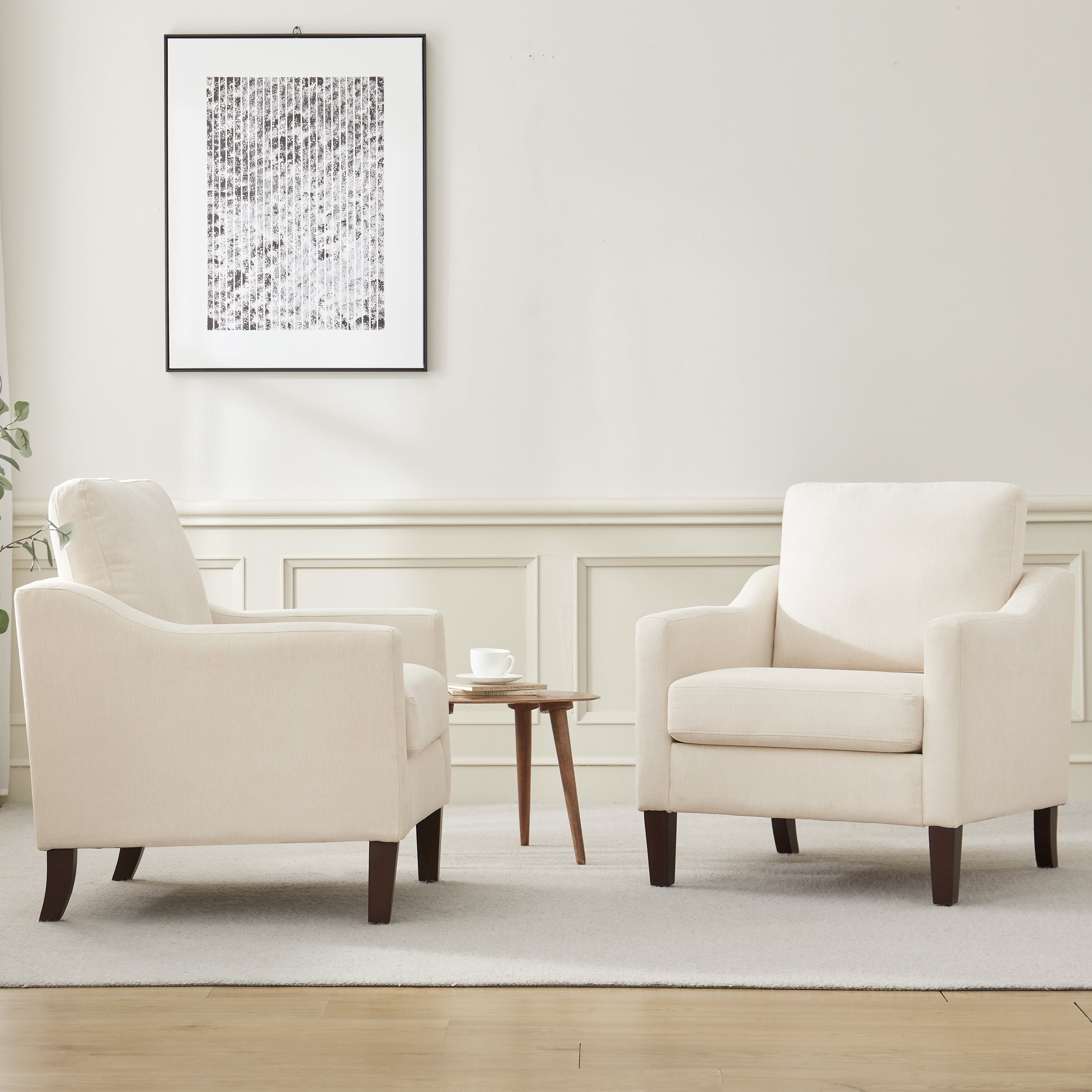 Vknow Furniture Mid-Century Modern Accent Chairs Set of 2 Upholstered with Solid Wood Legs for Living Room and Bedroom,Beige