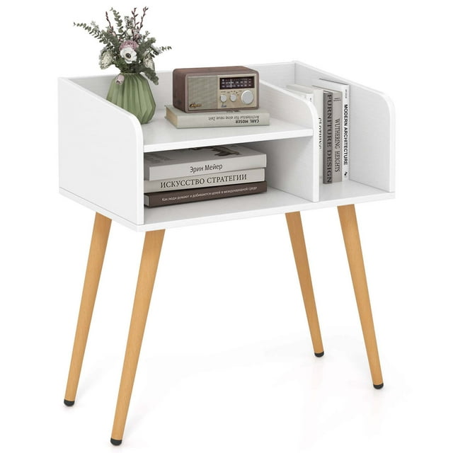 Costway Mid Century Modern End Table with Open Shelves Metal Support Legs for Bedroom White