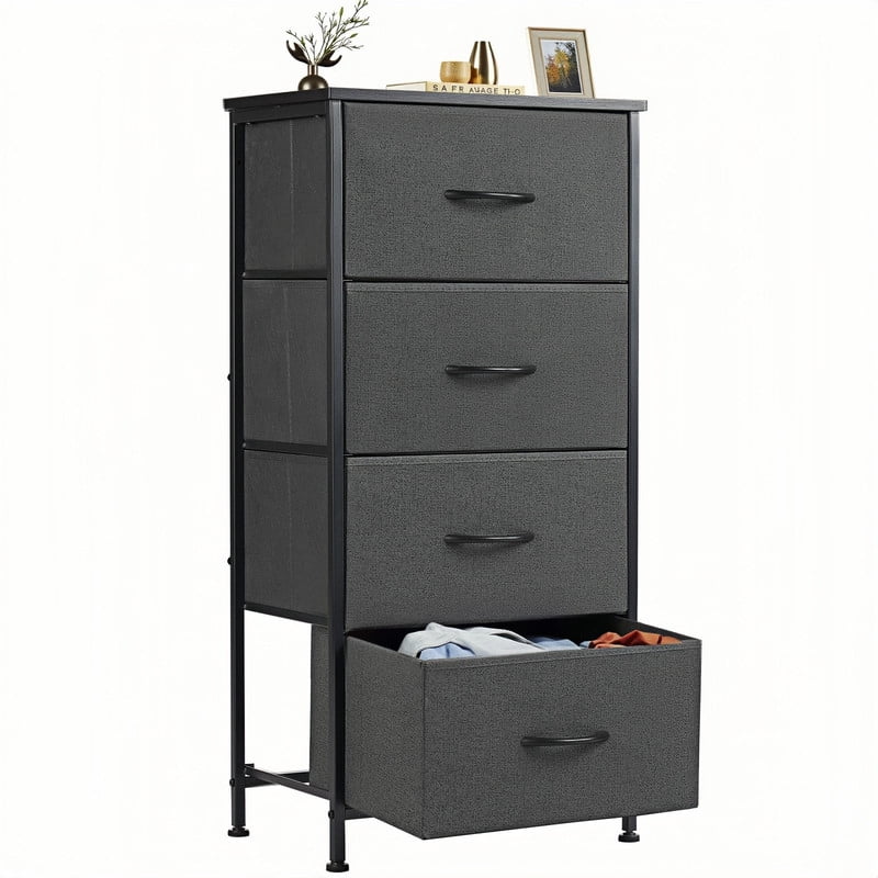 Kelno 4 Drawers Fabric Dresser Tall Chest of Drawers with Steel Frame Wood Top, Gray