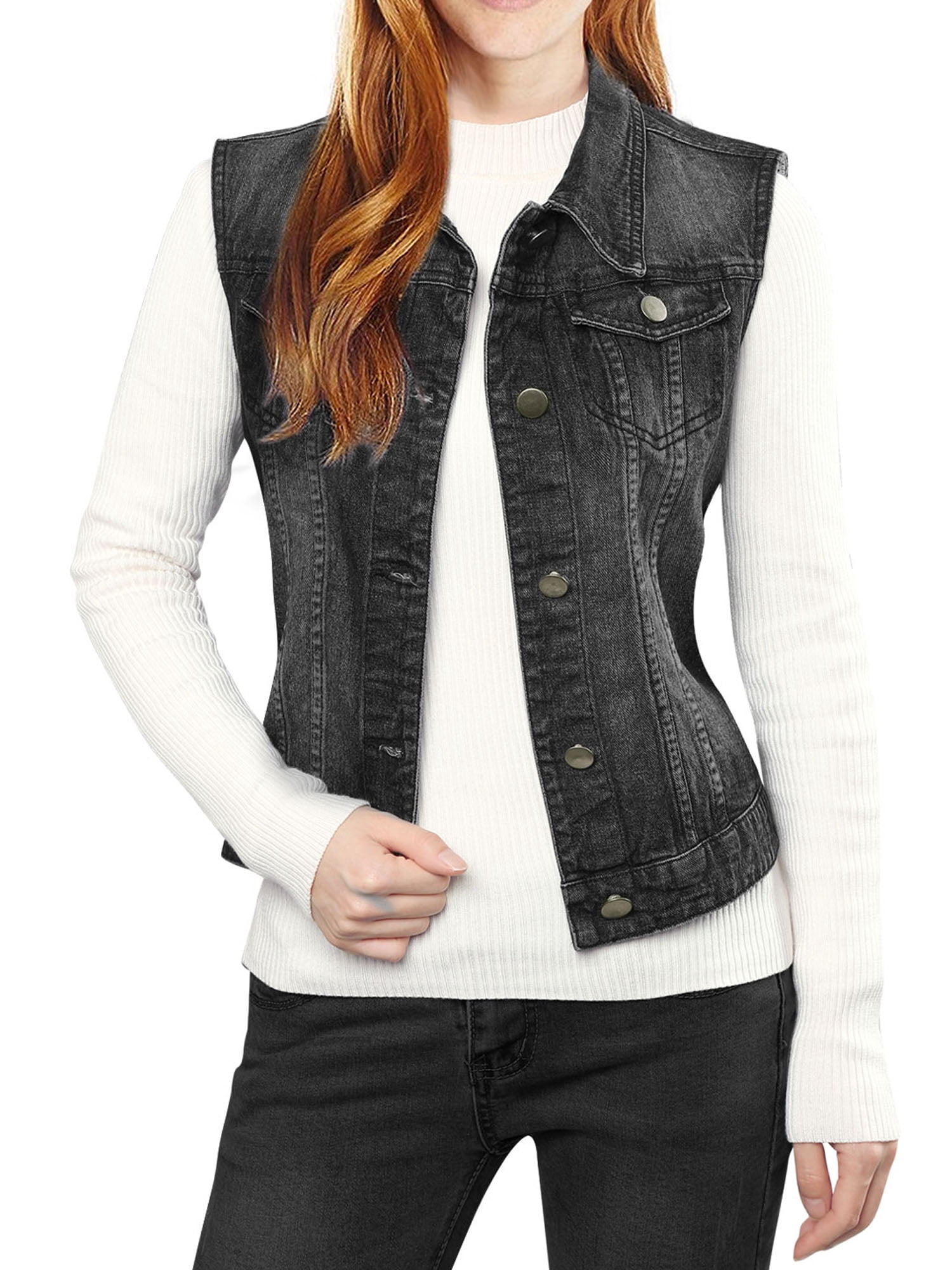 DARING DIVA Women's Denim Sleeveless Flap Pockets Vest Jacket L Black