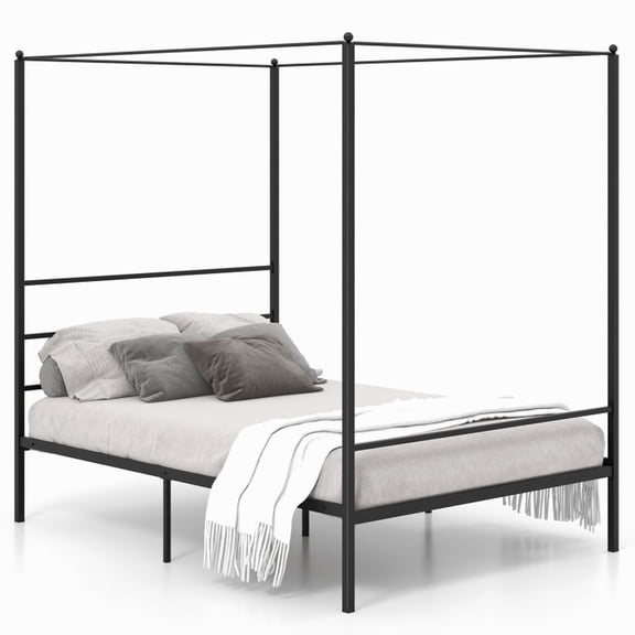Furnibear Full Size Metal Canopy Bed Frame with Slat Support for Bedroom Guest Room Master Platform Mattress Foundation, Black