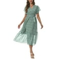 thumbnail image 4 of Aiyino Women Summer Bohemian Floral Casual Wrap V Neck Ruffle Cap Sleeveless Belt A-Line Pleated Hem Swing Midi Sun Dress，Light Green, 4 of 9