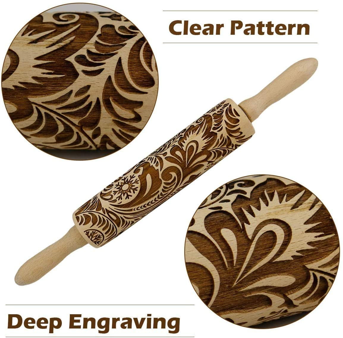 385 Embossing Rolling Pin for Christmas,3D Flower Pattern Wooden Roll Pin Laser Engraved Rolling Pin DIY Tool,Rolling Pin for Baking Cookies Biscuit Fondant Cake Dough Clay 
