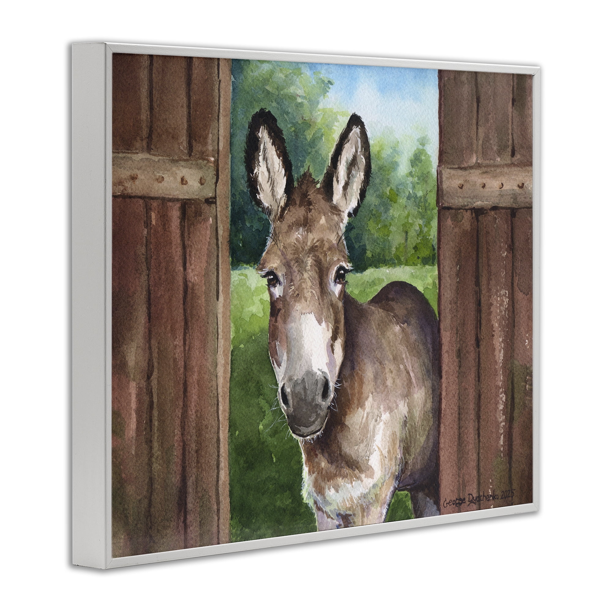 Stupell Industries Donkey in Wooden Gate White Framed Giclee Art, design by George Dyachenko