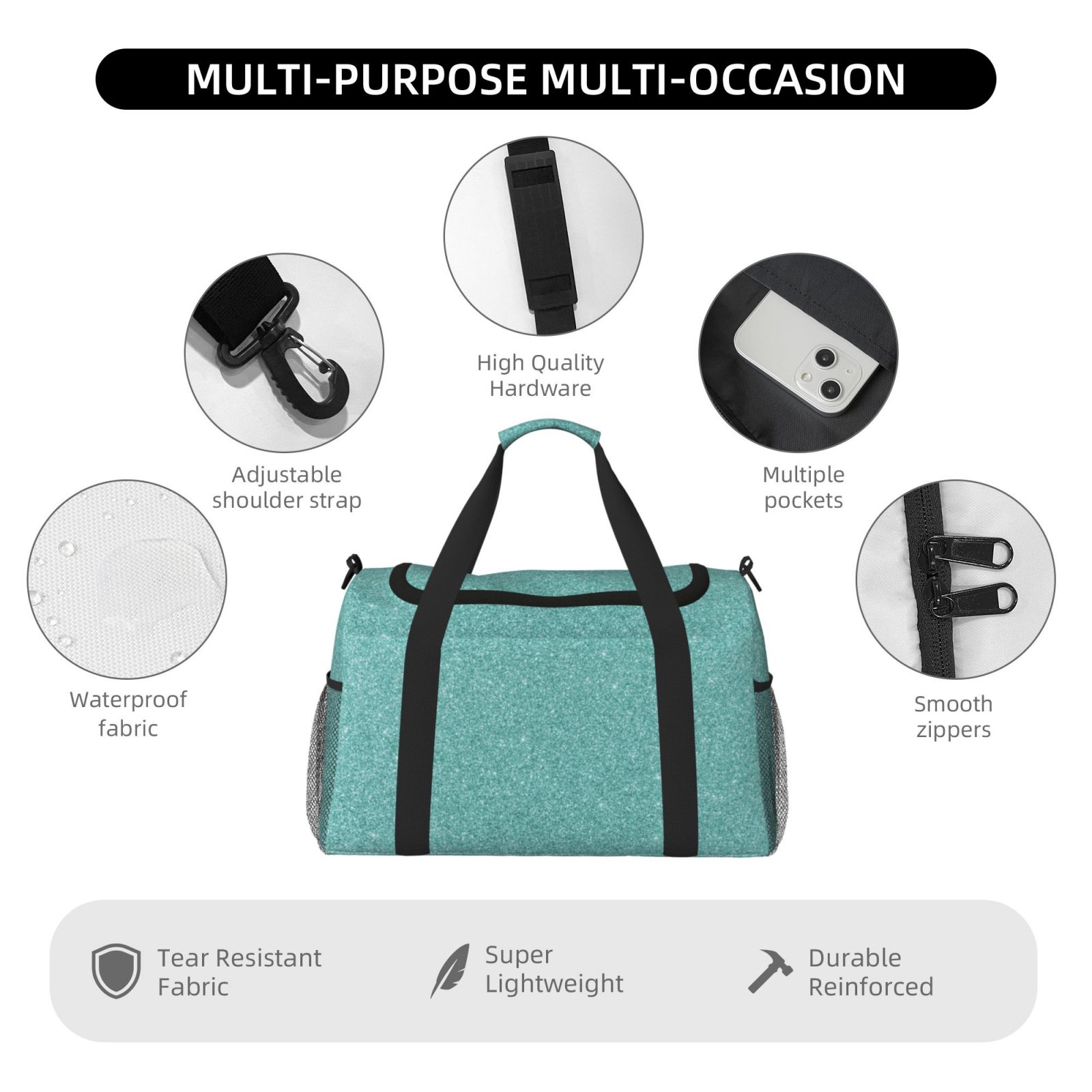 Fuzoiu Teal Green Glitter Print Travel Duffle Bag,Carry On Tote Bags,Duffel Bag,Sport Gym Bag, Hospital Bag for Labor and Delivery, Overnight Bag,Luggage Bag