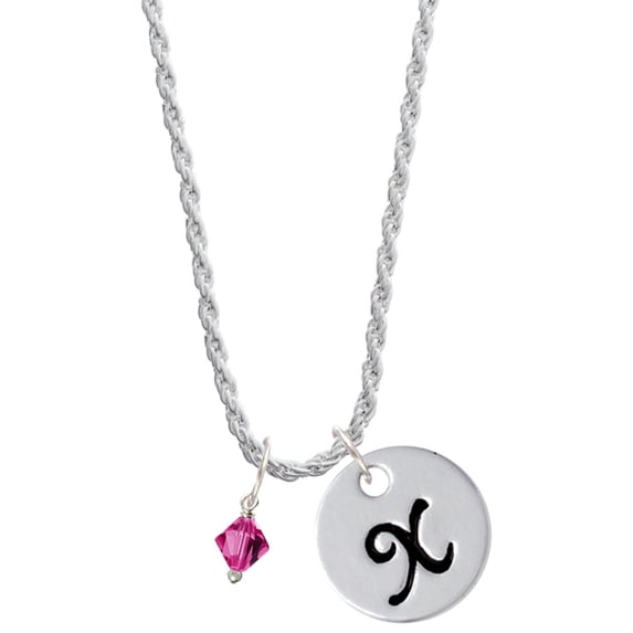 Delight Jewelry Fuchsia Crystal Bicone Silvertone Script Initial Disc - X - Charm Necklace, 20"+3"