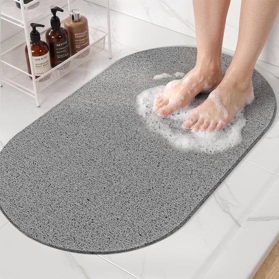 Oval Loofah Shower Mat Non Slip, 27x16 Inch, Grey | Bath Mat for Textured Tub & Inside Shower Stall, No Suction Cups Quick Drying PVC Porous Floor Mat, Soft Foot