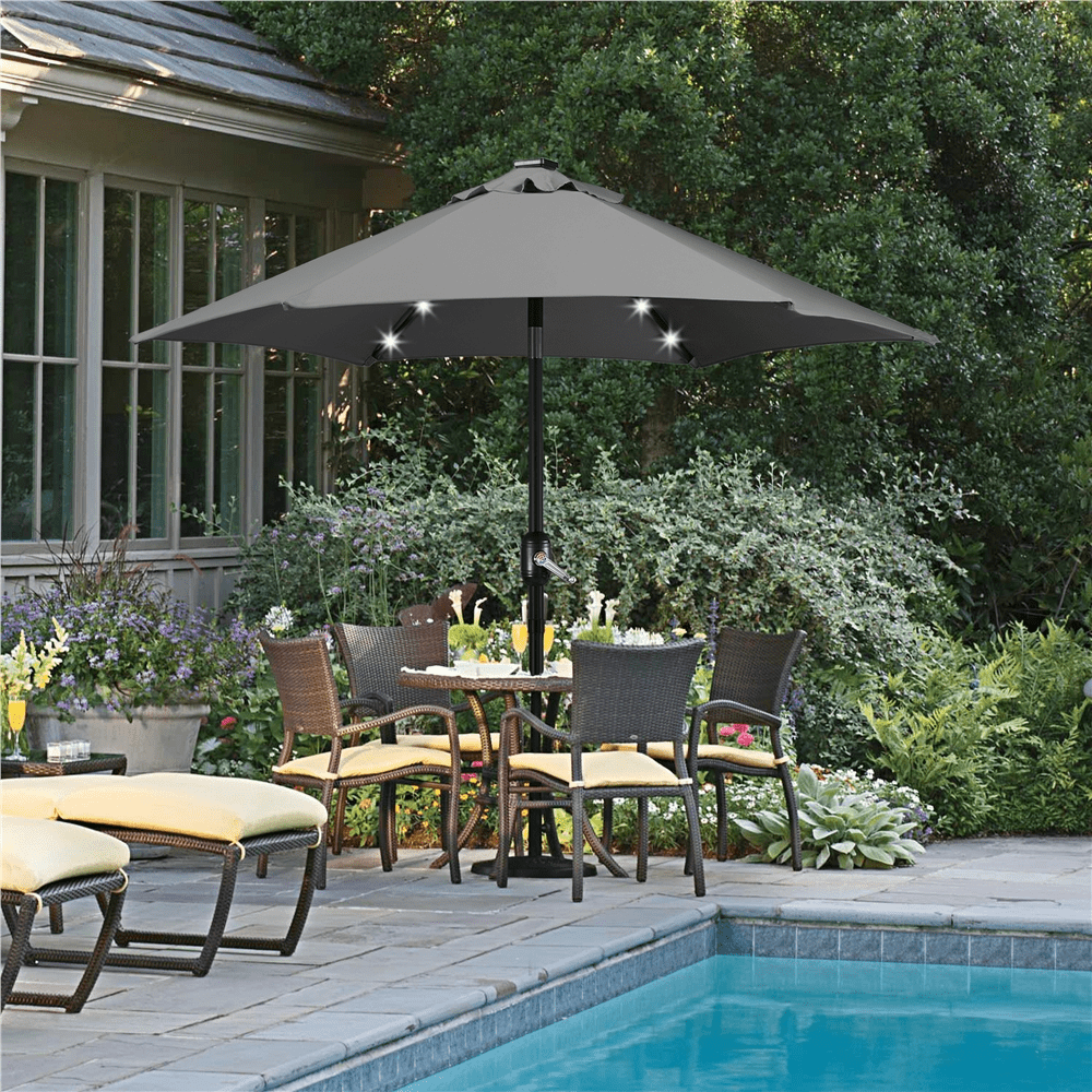 Renwick 7.5FT Patio Umbrella with Base Stand and LED Solar Lights, Gray