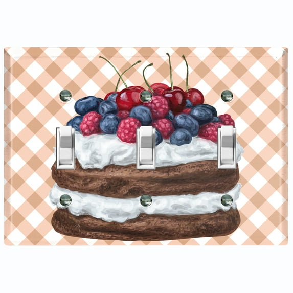 Metal Light Switch Wall Plate Outlet Cover (Layered Chocolate Berry Cherry Whipped Cream Cake - Triple Toggle)